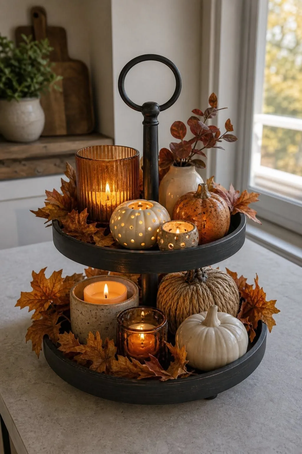 Ein zweistöckiges schwarzes Etagere mit Kürbissen, leuchtenden Kerzen und Herbstlaub auf einer Arbeitsfläche.