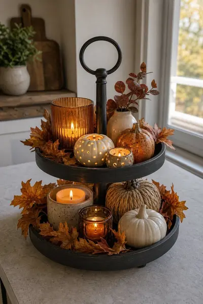 Ein zweistöckiges schwarzes Etagere mit Kürbissen, leuchtenden Kerzen und Herbstlaub auf einer Arbeitsfläche.