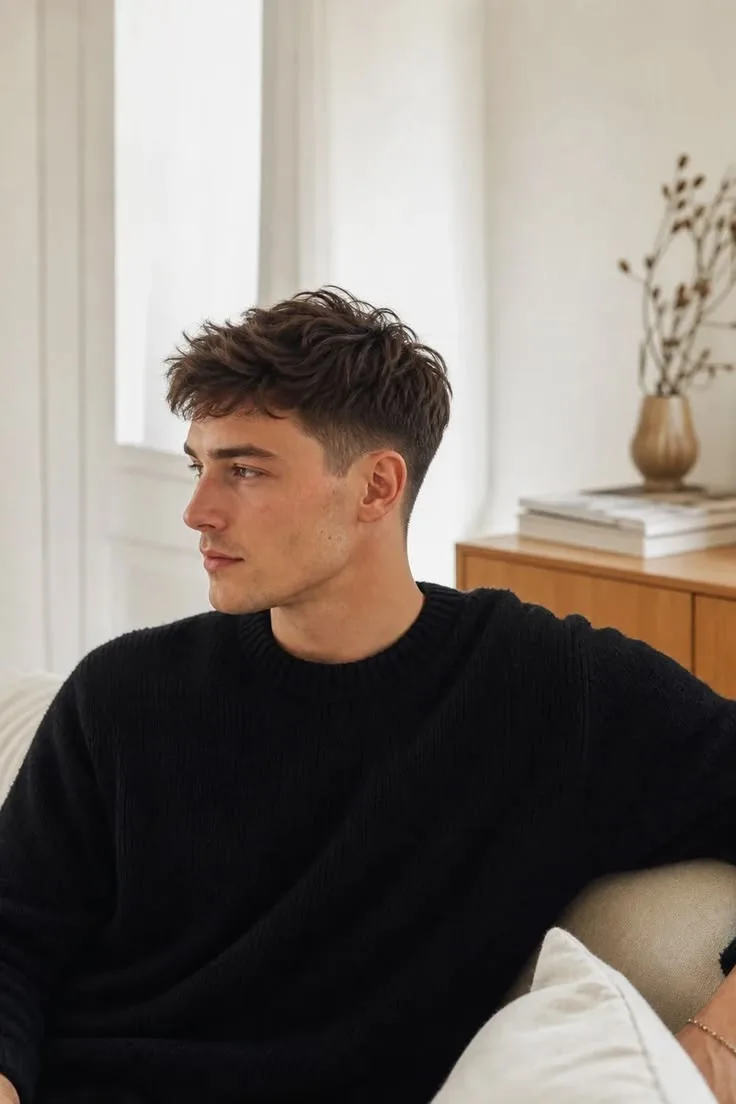 Ein junger Mann mit braunem, texturiertem Haar und kurzem Übergang trägt einen schwarzen Strickpullover.