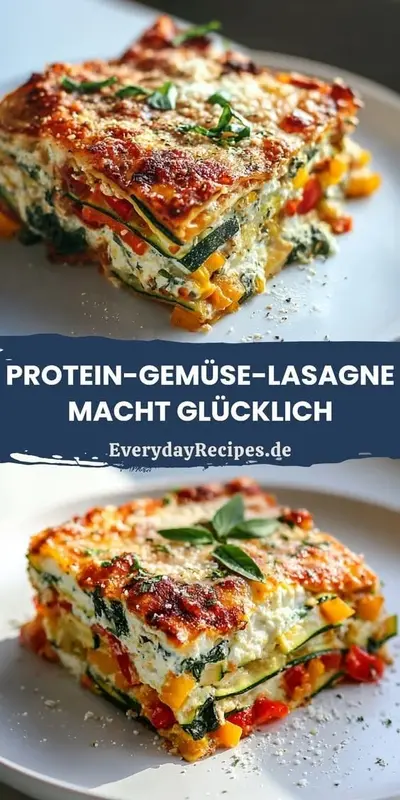 Ein Stück vegetarische Lasagne mit Zucchini, Paprika und goldbrauner Käsekruste auf einem weißen Teller.