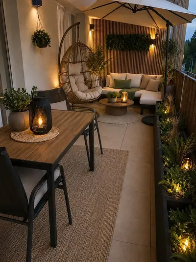 Ein abendlich beleuchteter, modern eingerichteter Balkon mit Hängesessel, Sofa und integrierten Pflanztrögen.