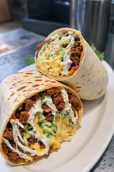 Two halves of a toasted flour tortilla burrito filled with seasoned ground beef, melted cheese, avocado, and creamy sauce.