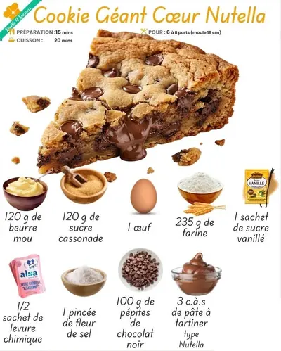 Une part de cookie géant avec un cœur coulant au chocolat entourée de ses ingrédients.