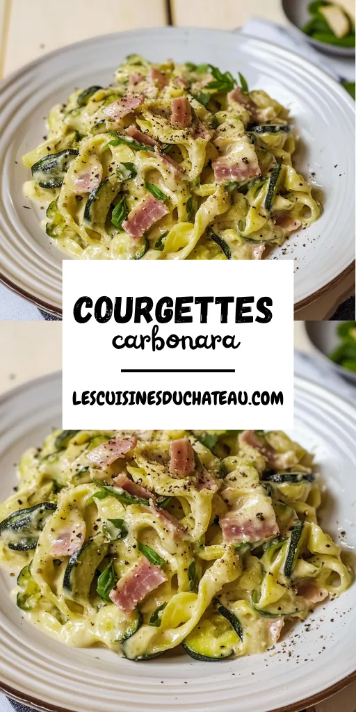 Assiette de tagliatelles de courgettes crémeuses avec des lardons et du poivre noir sur un fond clair.