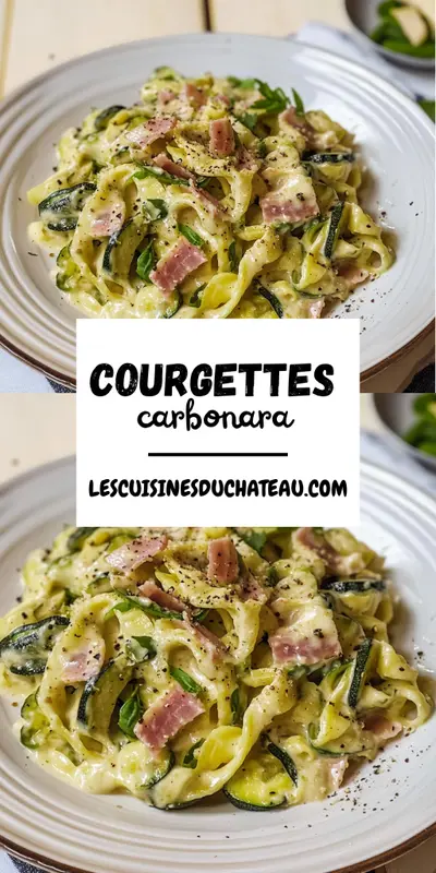 Assiette de tagliatelles de courgettes crémeuses avec des lardons et du poivre noir sur un fond clair.