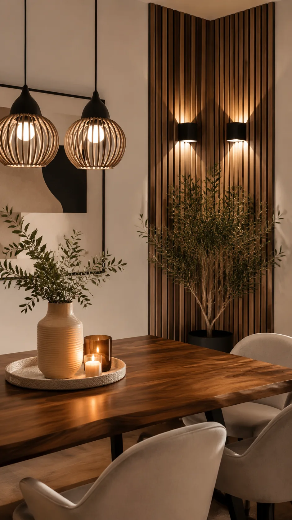 Ein modern eingerichtetes Esszimmer mit Holzlamellen an der Wand, warmem Licht und einem massiven Holztisch.