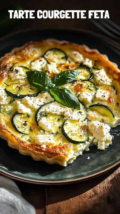 Une tarte salée aux courgettes grillées et feta émiettée, servie dans une assiette sombre avec du basilic.