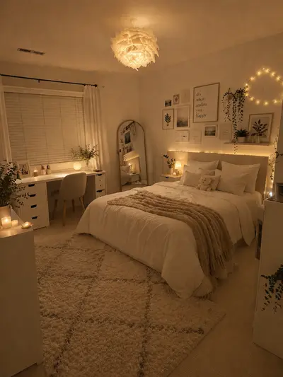 Ein gemütliches Schlafzimmer in hellen Tönen mit Lichterketten, vielen Kissen und einer dekorativen Bilderwand.