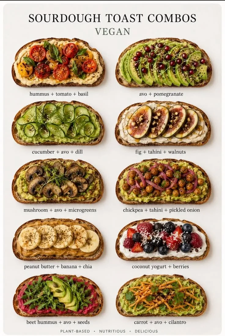 Zehn verschiedene Varianten von belegtem veganem Sauerteigbrot in einer grafischen Übersicht.