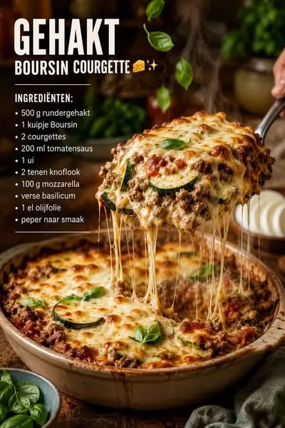 Een serveerspatel schept een dampende ovenschotel met gehakt, courgette en draden gesmolten kaas uit een schaal.
