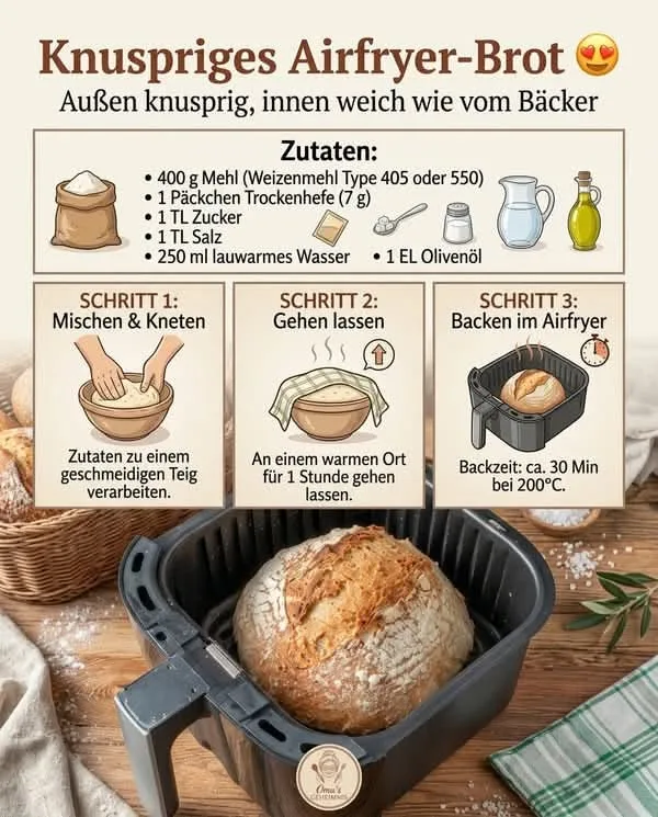 Ein frisch gebackener Brotlaib liegt in einem schwarzen Korb einer Heißluftfritteuse auf einem Holztisch.