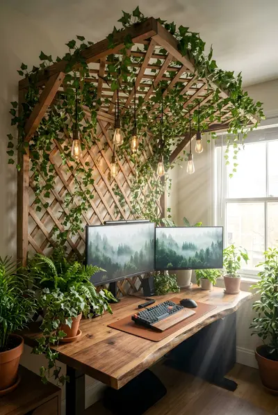 Ein Home-Office mit hölzernem Rankgitter, hängenden Edison-Lampen und vielen Pflanzen auf einem Massivholz-Schreibtisch.