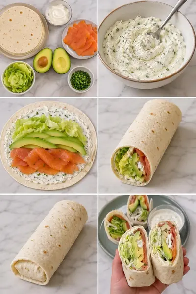 Étapes illustrées de la préparation d'un wrap au saumon fumé, avocat et crème aux herbes sur un plan de travail.