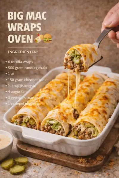 Een ovenschaal vol met goudbruine wraps gevuld met gehakt en gesmolten cheddar, waarbij een wrap omhoog wordt gehaald.