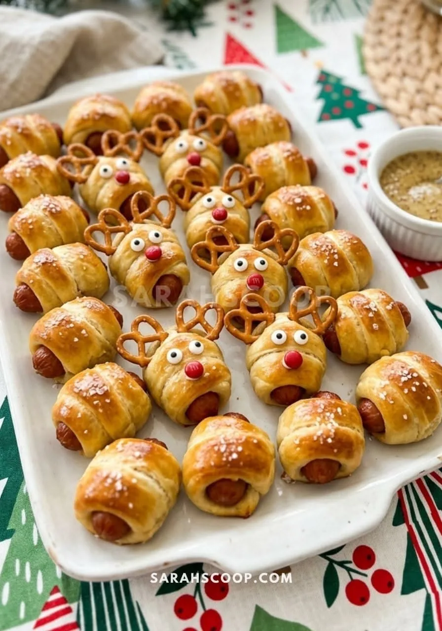 Plateau de feuilletés à la saucisse décorés en forme de rennes avec des bretzels et un nez rouge.