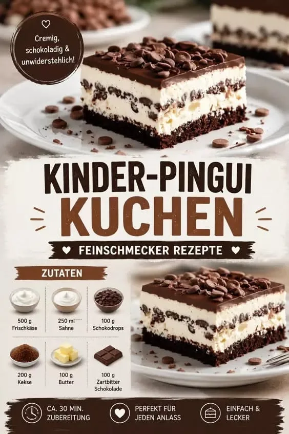 Ein quadratisches Stück Schokoladenkuchen mit heller Creme, dunklen Schokodrops und einem glatten Schokoladenguss.