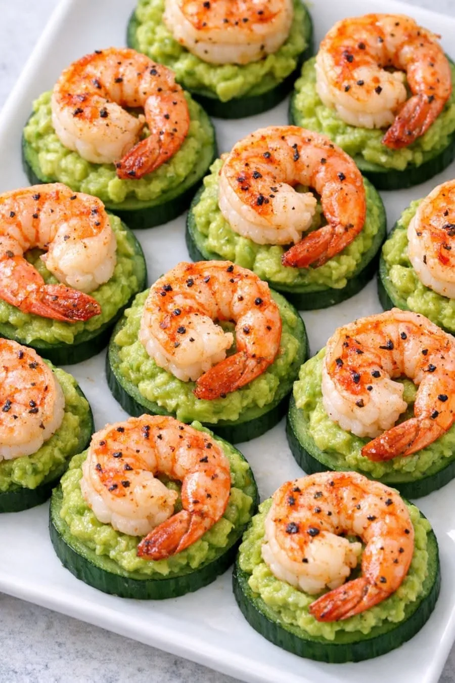 Plateau de bouchées apéritives composées de rondelles de concombre, de guacamole et d'une crevette grillée.
