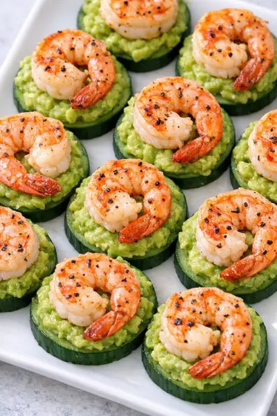 Plateau de bouchées apéritives composées de rondelles de concombre, de guacamole et d'une crevette grillée.