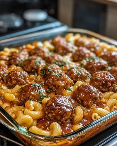 Eine Glasauflaufform mit einem Nudelauflauf aus gedrehten Nudeln, Tomatensauce und Hackbällchen mit Kräutern.