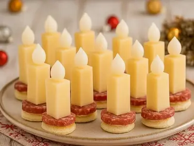 Plateau d'amuse-bouches apéritifs en forme de petites bougies de Noël disposés harmonieusement sur une assiette.
