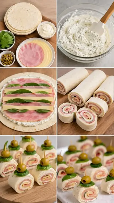 Six étapes illustrées montrant la préparation de roulés apéritifs à la tortilla avec jambon, fromage et olives.