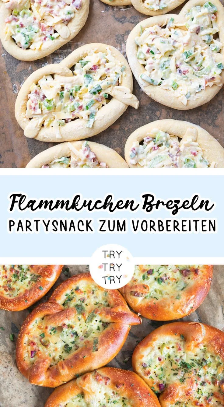 Eine Collage zeigt ungebackene und fertig goldbraun gebackene Flammkuchen-Brezeln mit Speck und Zwiebeln.