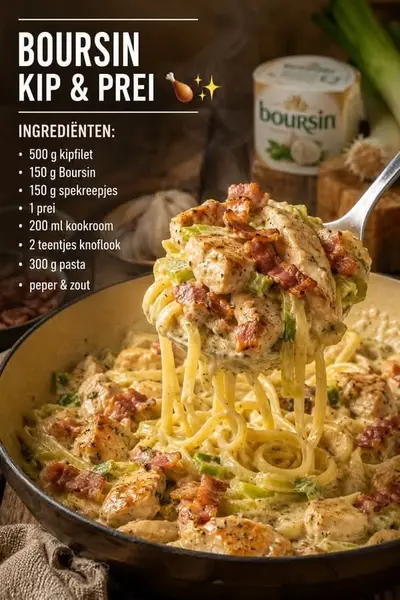 Een close-up van een pan met romige pasta, kipstukjes, gebakken spekjes en prei geserveerd in een koekenpan.
