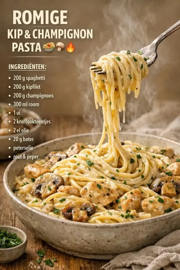 Een kom dampende romige spaghetti met stukjes kip en gebakken champignons waarbij een vork pasta omhoog wordt getild.