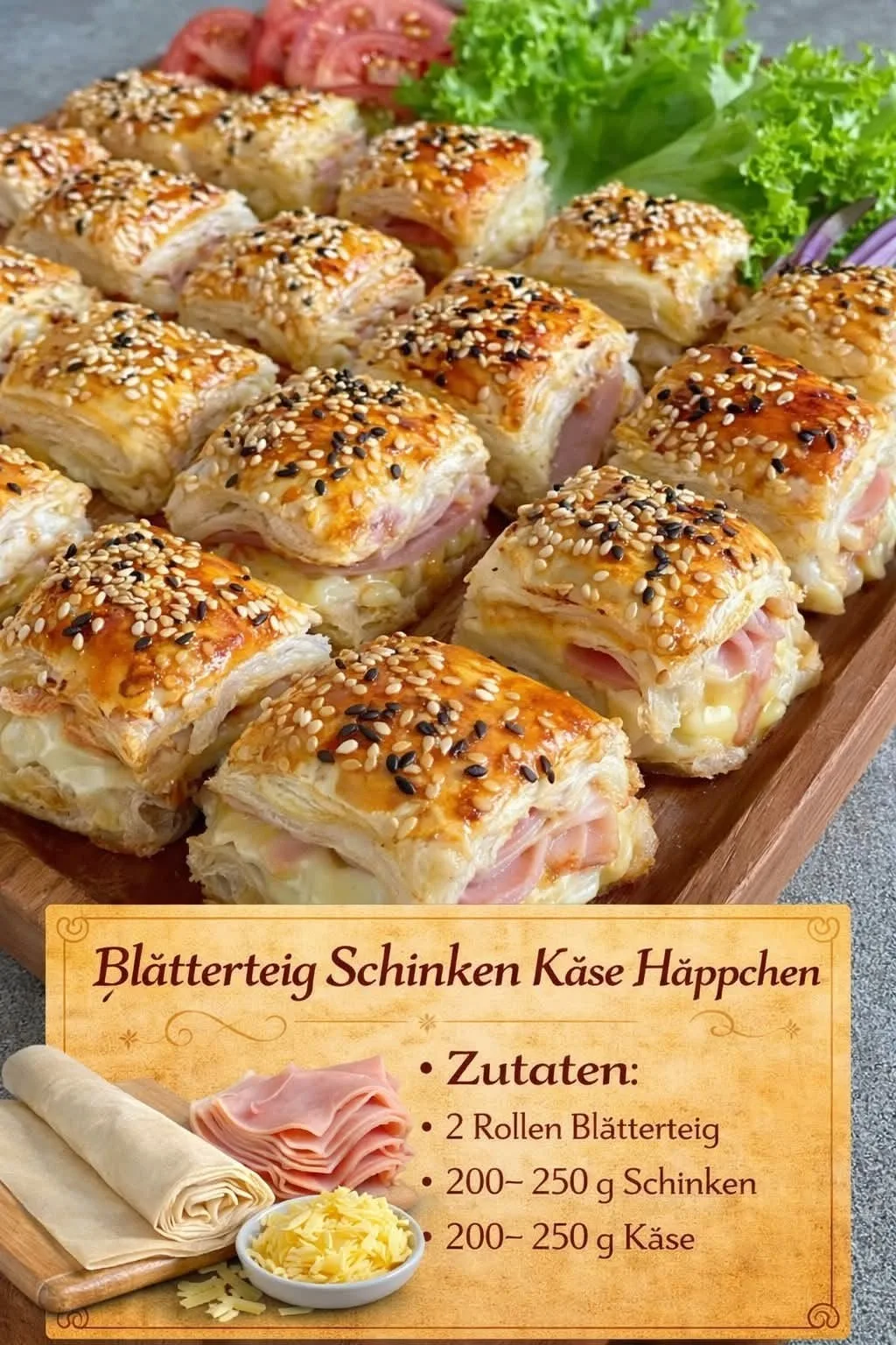 Ein Holzbrett mit quadratischen Blätterteig-Häppchen, die mit Sesam bestreut und goldbraun gebacken sind.