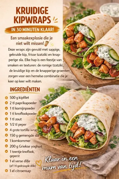 Twee gevulde tortilla wraps met gebakken kip, frisse groenten en romige tzatziki op een houten serveerplank.