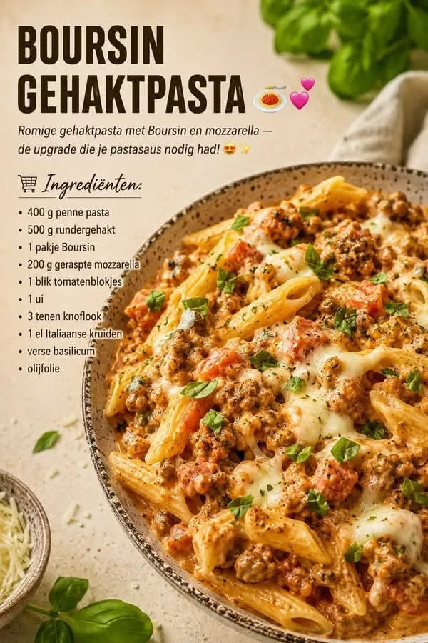 Een kom met penne pasta, rundergehakt, romige saus en gesmolten mozzarella, bestrooid met verse basilicum.