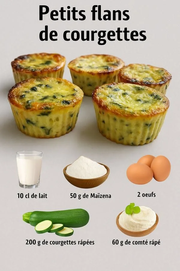 Cinq petits flans de courgettes dorés disposés sur un fond clair avec les ingrédients nécessaires autour.
