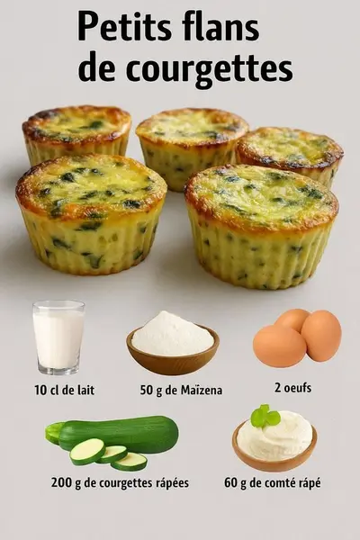 Cinq petits flans de courgettes dorés disposés sur un fond clair avec les ingrédients nécessaires autour.