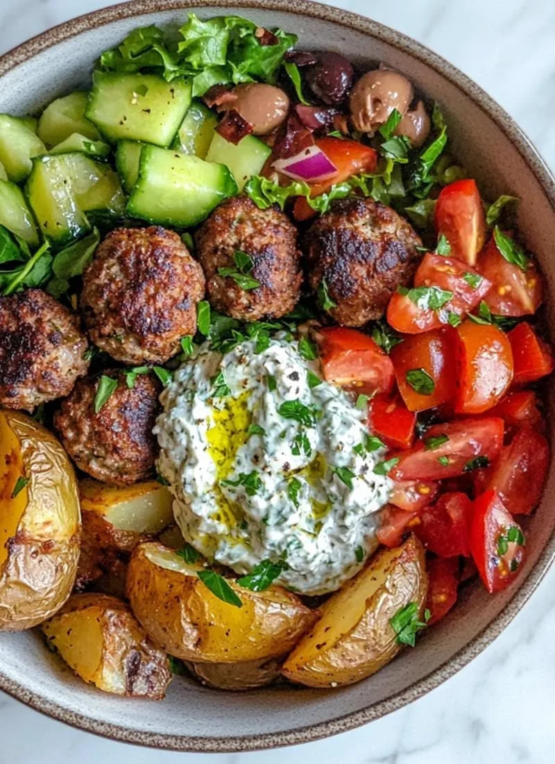 Een kom gevuld met Griekse gehaktballen, geroosterde aardappelen, verse salade en een grote schep romige tzatziki.