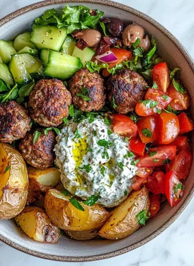 Een kom gevuld met Griekse gehaktballen, geroosterde aardappelen, verse salade en een grote schep romige tzatziki.