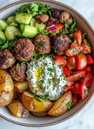 Een kom gevuld met Griekse gehaktballetjes, geroosterde aardappelen, verse salade, olijven en een dot romige tzatziki.