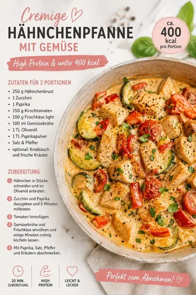 Eine Nahaufnahme einer Pfanne mit einer cremigen Hähnchenpfanne, die Hähnchenbrust, Zucchini, Paprika und Tomaten enthält.
