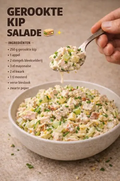 Een kom met romige salade van gerookte kip, appel en bleekselderij, waarbij een lepel een portie omhoog houdt.