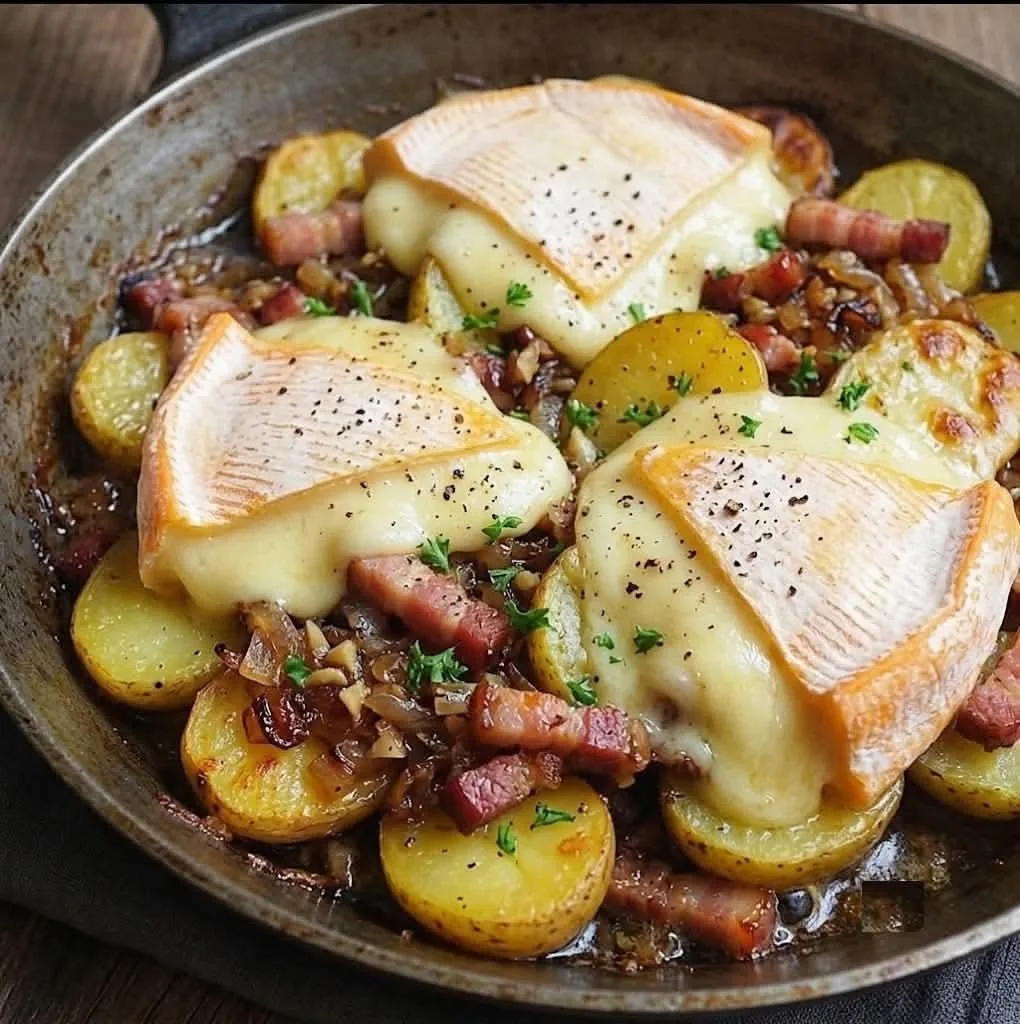 Une poêle en fonte avec des pommes de terre dorées, des lardons, des oignons et du reblochon fondu sur le dessus.