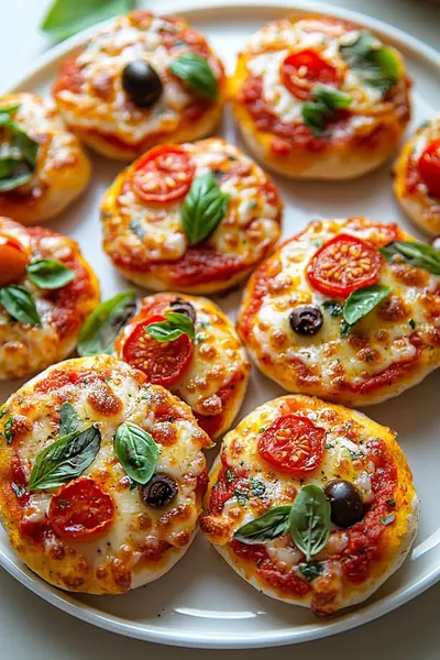 Une assiette blanche garnie de petites pizzas rondes avec tomates cerises, olives noires, fromage fondu et basilic.