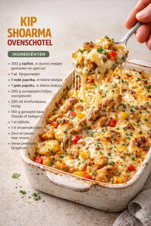 Een close-up van een ovenschaal met kip shoarma en aardappelschijfjes waarbij gesmolten kaas draden trekt.