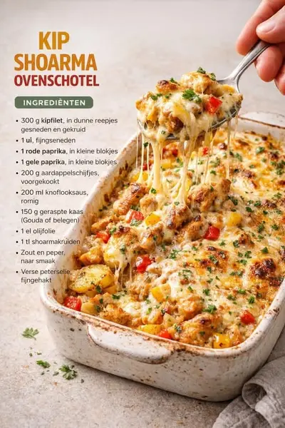 Een close-up van een ovenschaal met kip shoarma en aardappelschijfjes waarbij gesmolten kaas draden trekt.