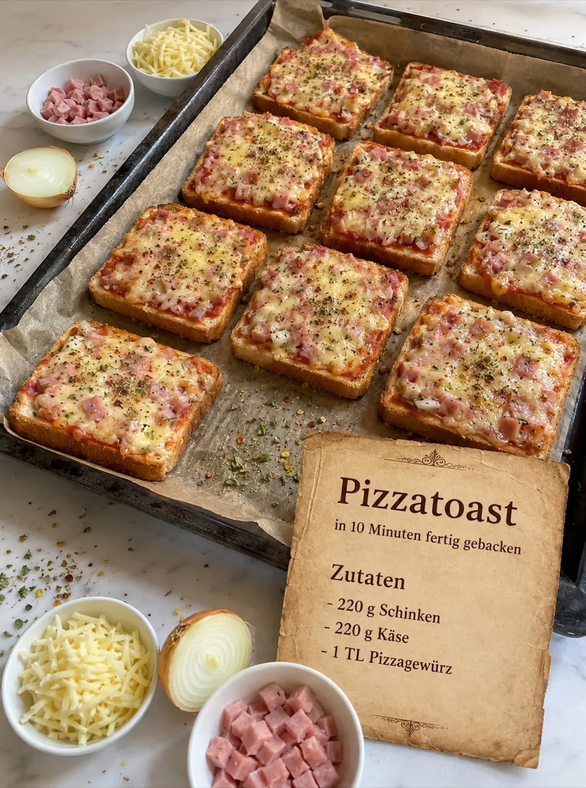 Ein mit neun Pizzatoasts belegtes Backblech neben Schälchen mit Schinken, Käse und einer Zwiebel.