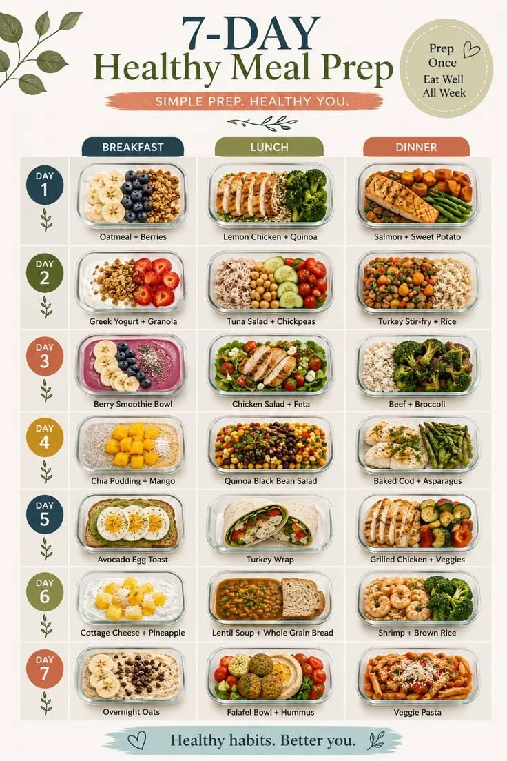 Eine Infografik mit einem 7-Tage-Ernährungsplan, der Frühstück, Mittag- und Abendessen in Glasbehältern zeigt.