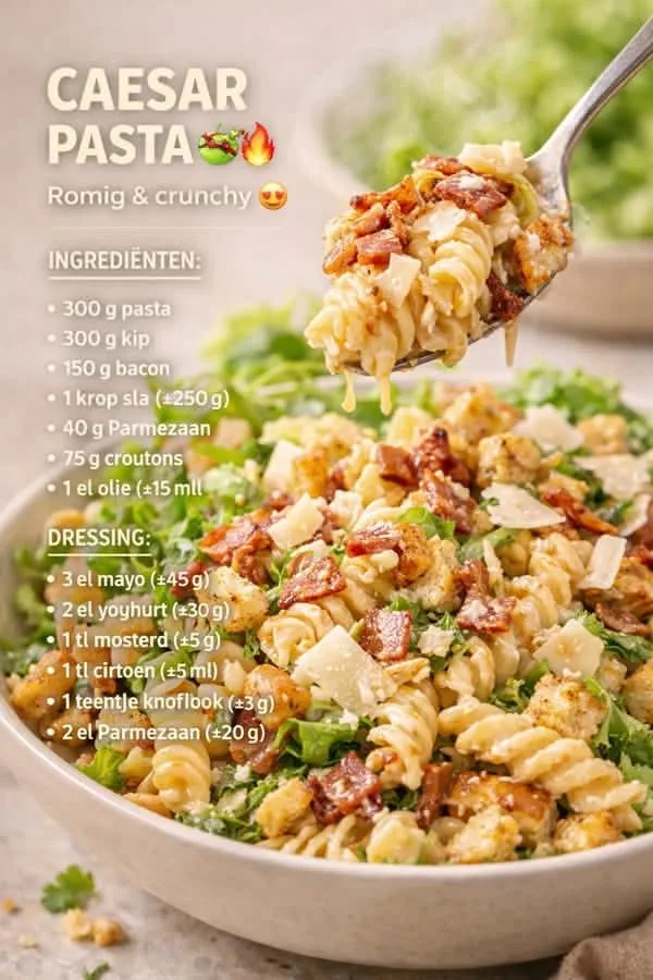 Een kom gevuld met Caesar pastasalade met fusilli, knapperige bacon en croutons, gefotografeerd van dichtbij.
