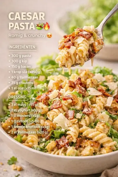 Een kom gevuld met Caesar pastasalade met fusilli, knapperige bacon en croutons, gefotografeerd van dichtbij.